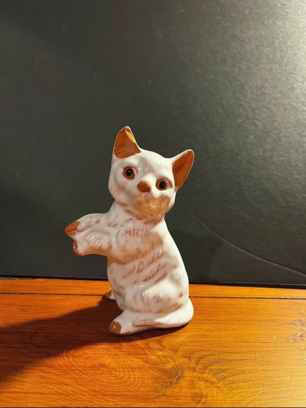 Vintage Ceramic Cat Figurine in White and Brown